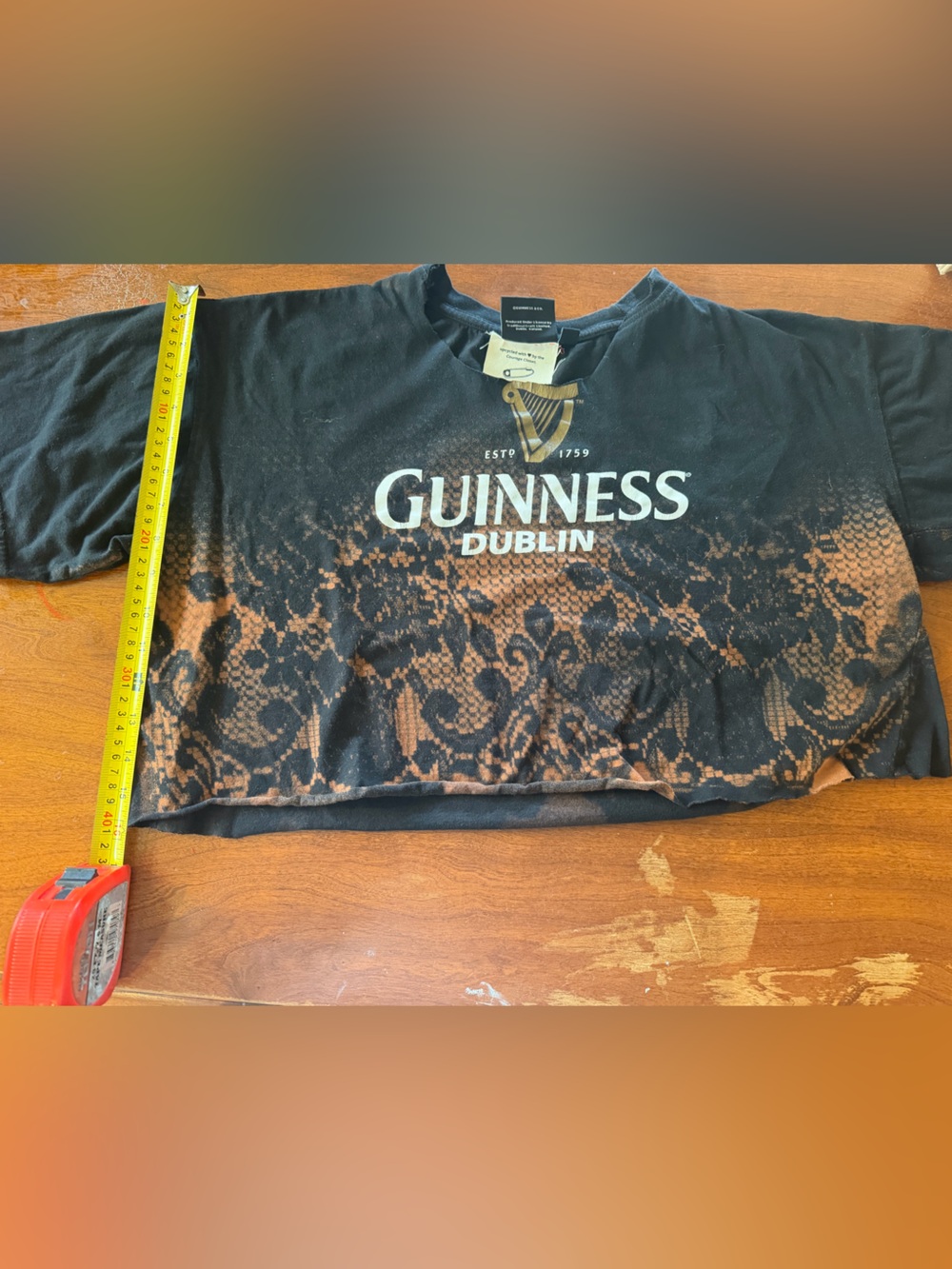 Guinness Black Tee with Lace pattern, upcycled micro crop